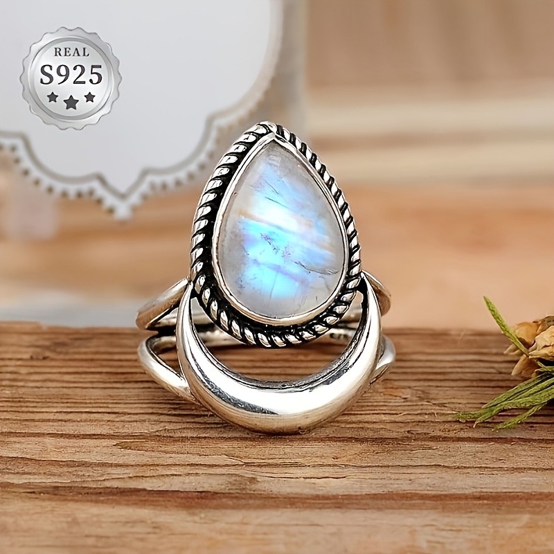 Vintage S925 Large Drop Opal Moon Ring, Fashion Statement